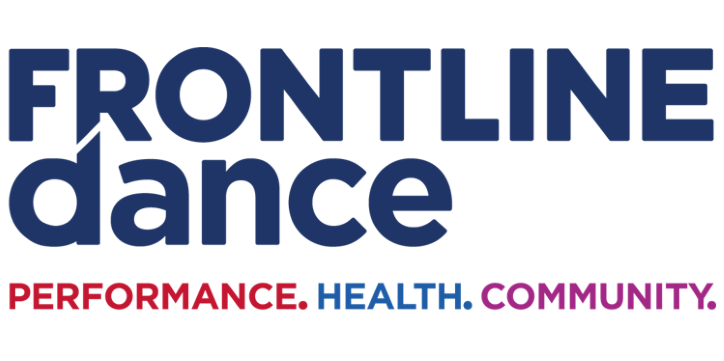 FRONTLINEdance Logo: Top line - FRONTLINE appears in royal blue lettering and underneath that 'dance' in the same colour. Bottom line - Performance (red lettering). Health (blue). Community (purple). 