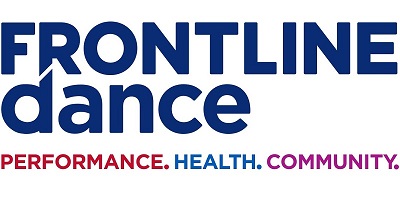 FRONTLINEdance in large royal blue lettering. Underneath: PERFORMANCE in red lettering, HEALTH in light blue and COMMUNITY in purple.