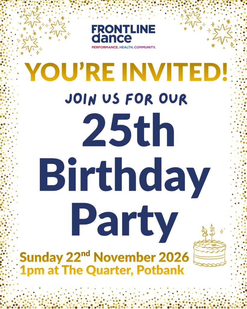 You're invited! In golden-toned lettering. In blue lettering 'Join us for our 25th Birthday Party. Bottom row: Sunday 22nd November 2026. 1pm at the Quarter, Potbank. Golden birthday cake with numbered '25' candles. Border of invite is golden, yellow and brown confetti dots.